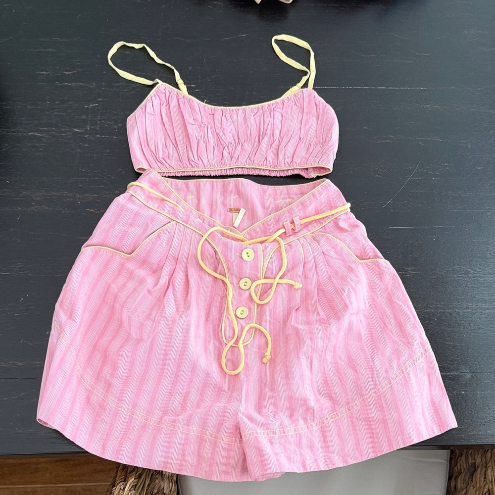 Free People Pink Striped High-Waist Shorts with Yellow Trim